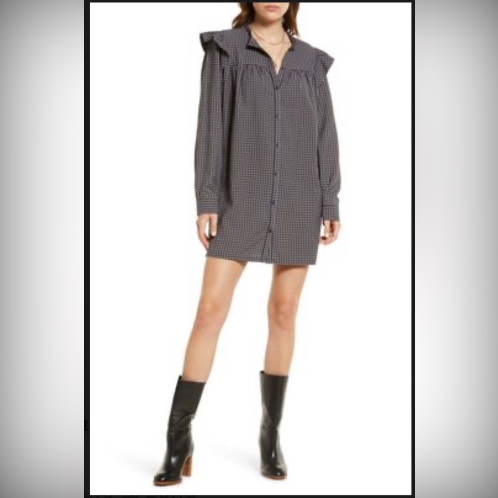 Treasure & Bond Plaid Ruffle Long Sleeve Minidress in Navy- Grey Kaiko Plaid